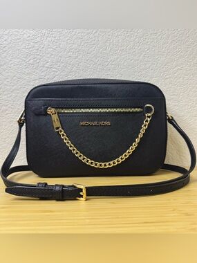 Michael Kors Crossbody Bag Black Gold Chain Detail Saffiano Leather